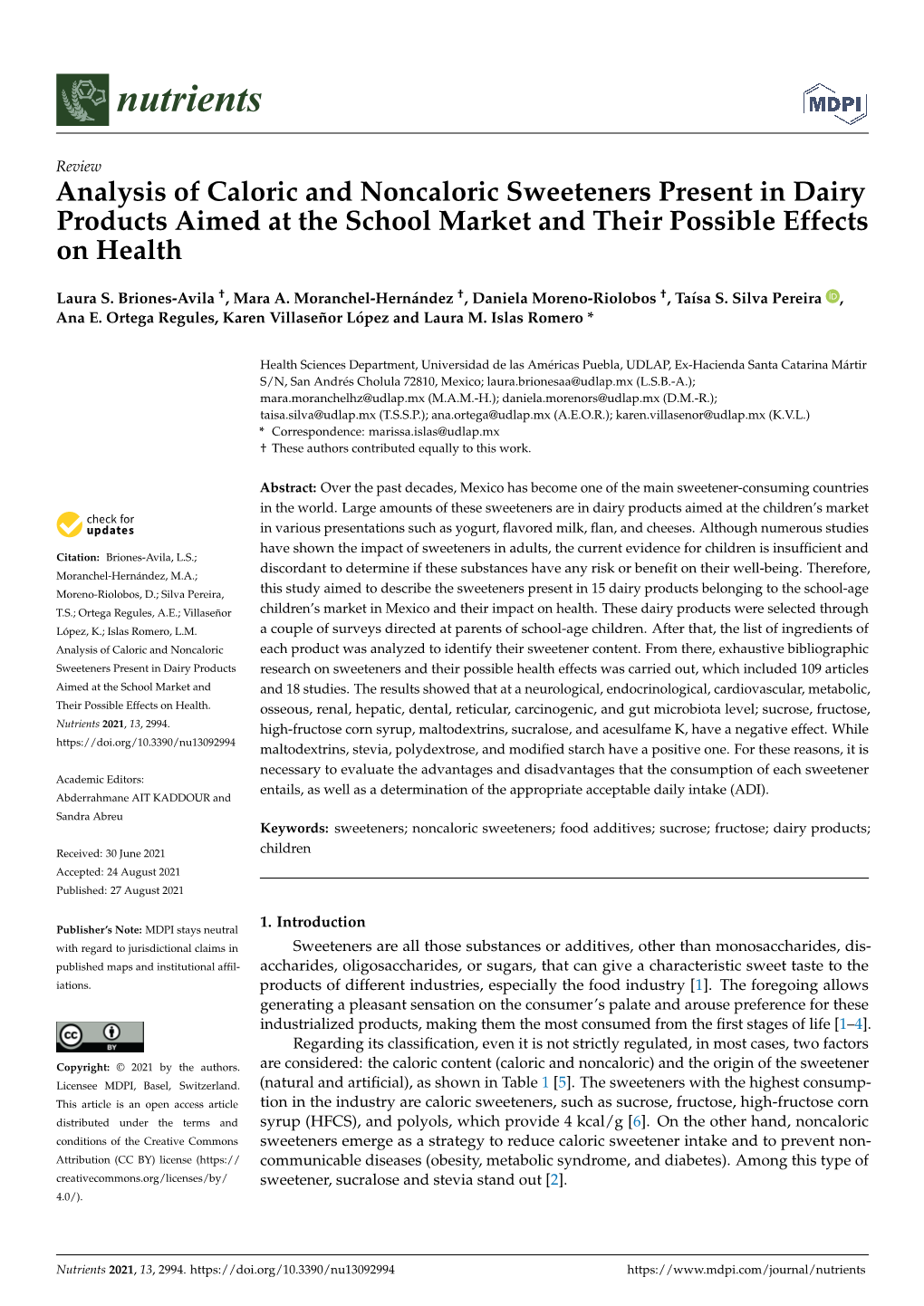 Analysis of Caloric and Noncaloric Sweeteners Present in Dairy Products Aimed at the School Market and Their Possible Effects on Health