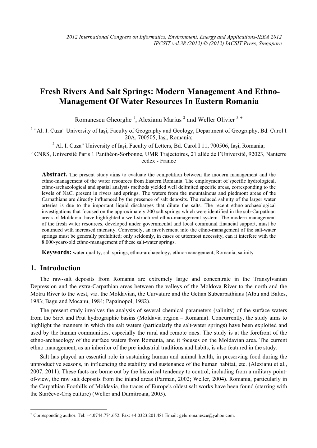 Fresh Rivers and Salt Springs: Modern Management and Ethno- Management of Water Resources in Eastern Romania