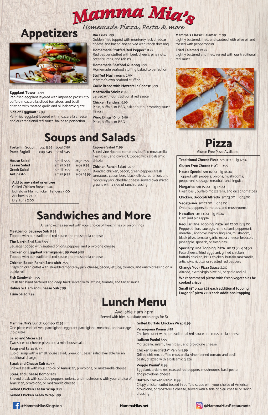 Appetizers Soups and Salads Pizza Sandwiches and More Lunch Menu