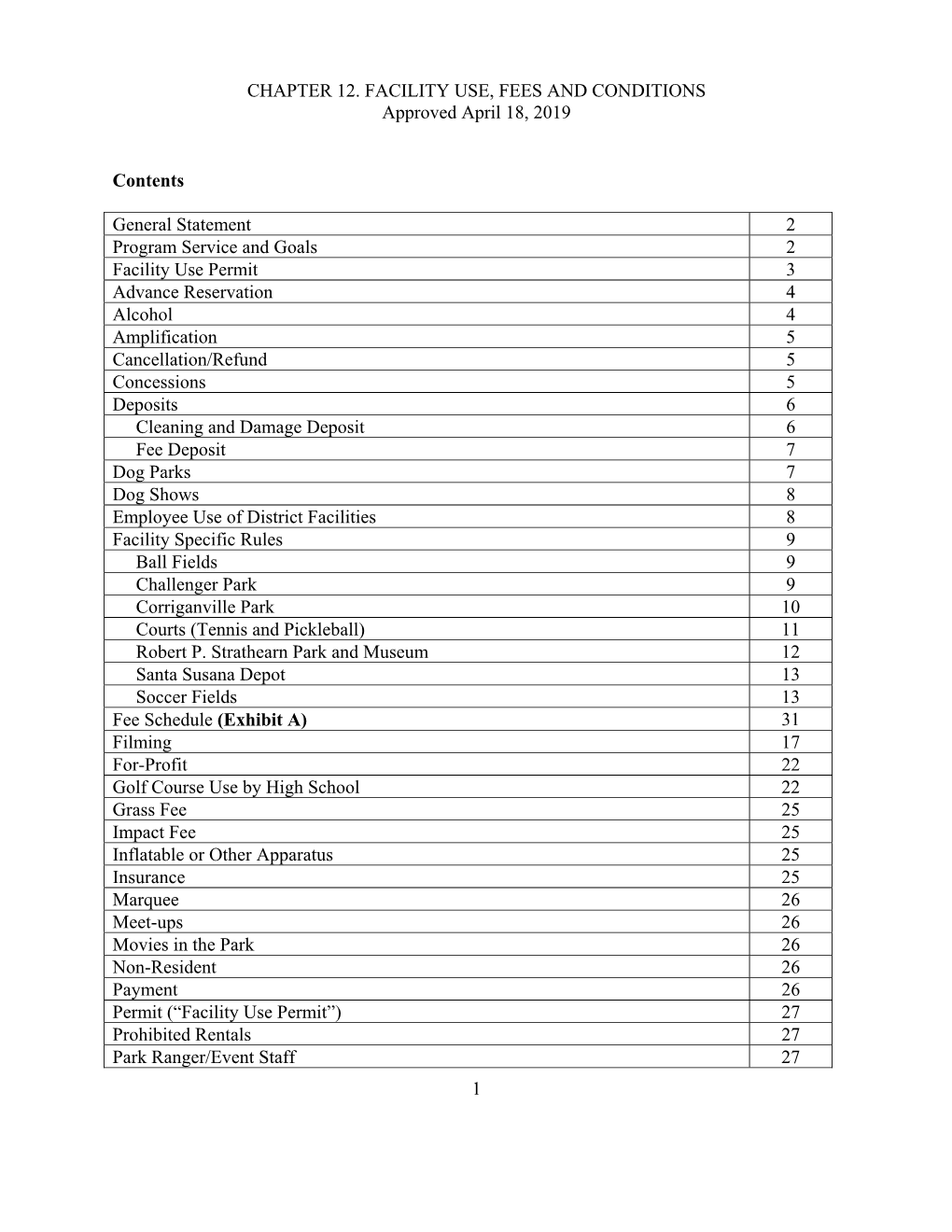 CHAPTER 12. FACILITY USE, FEES and CONDITIONS Approved April 18, 2019