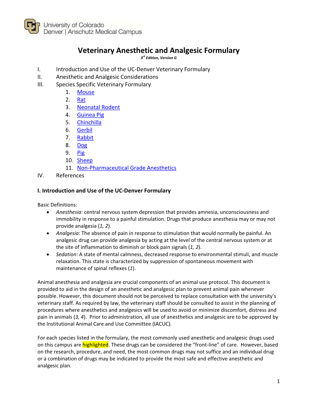 Veterinary Anesthetic and Analgesic Formulary 3Rd Edition, Version G