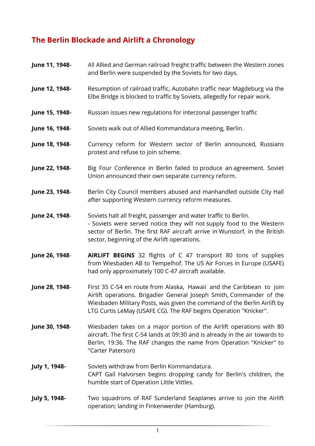 The Berlin Blockade and Airlift a Chronology