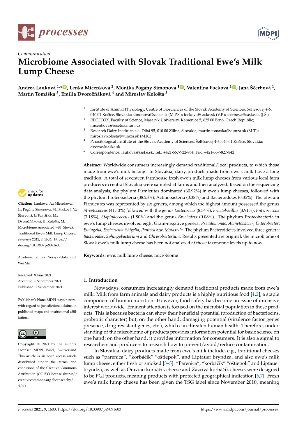 Microbiome Associated with Slovak Traditional Ewe's Milk Lump Cheese