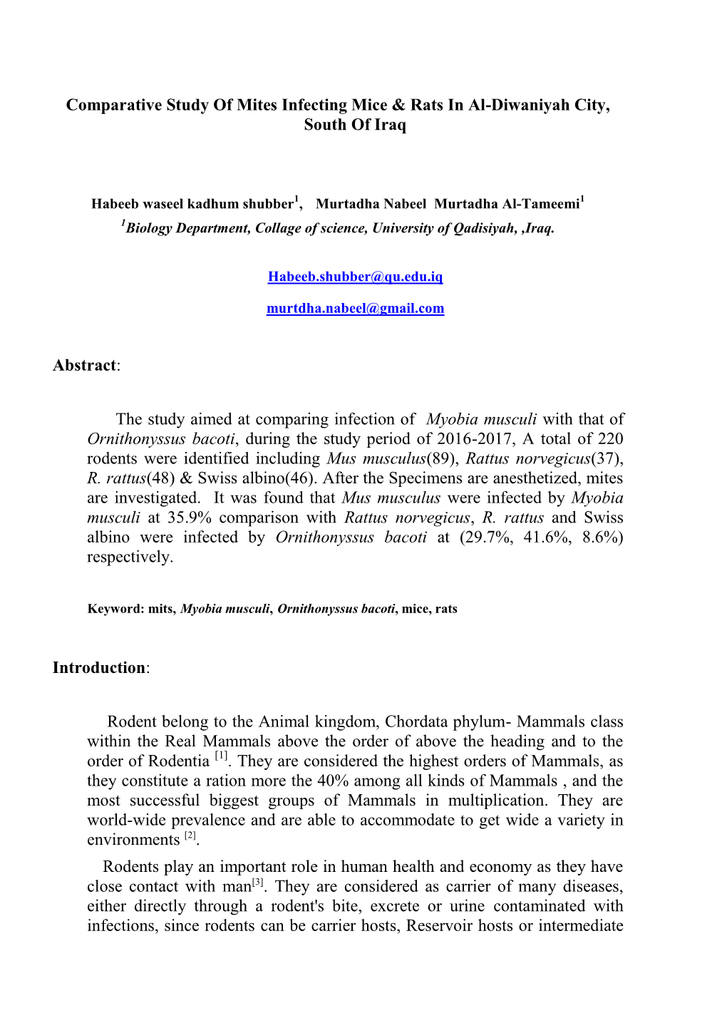 Comparative Study of Mites Infecting Mice & Rats in Al-Diwaniyah City