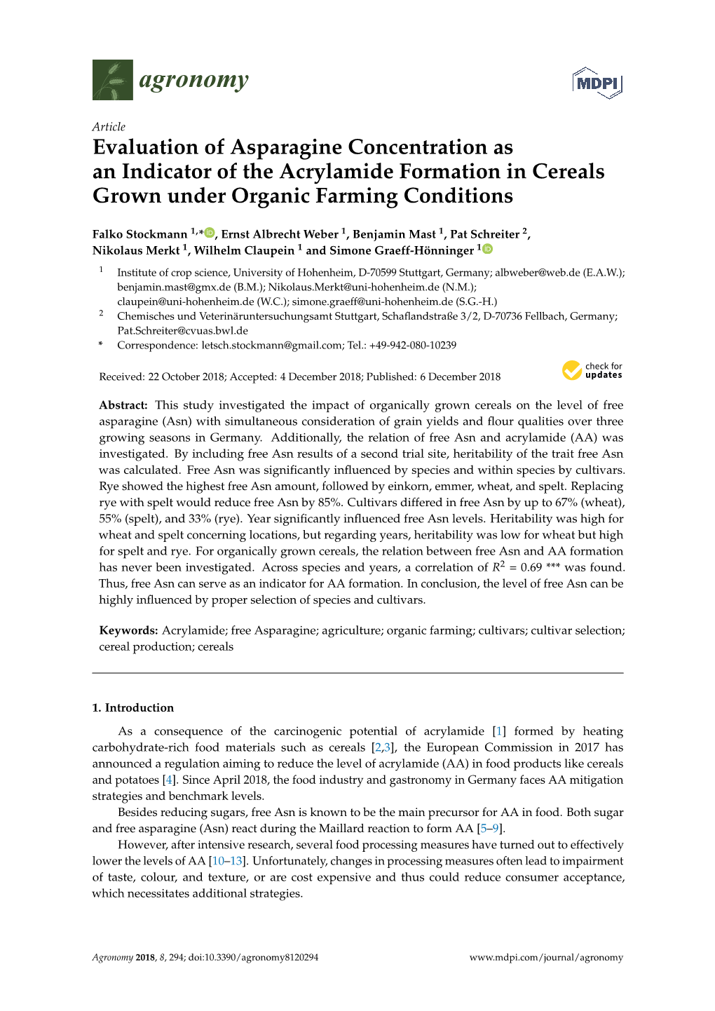 Evaluation of Asparagine Concentration As an Indicator of the Acrylamide Formation in Cereals Grown Under Organic Farming Conditions