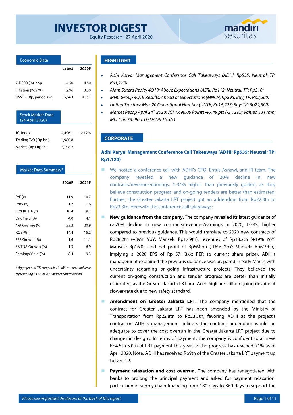 INVESTOR DIGEST Equity Research | 27 April 2020