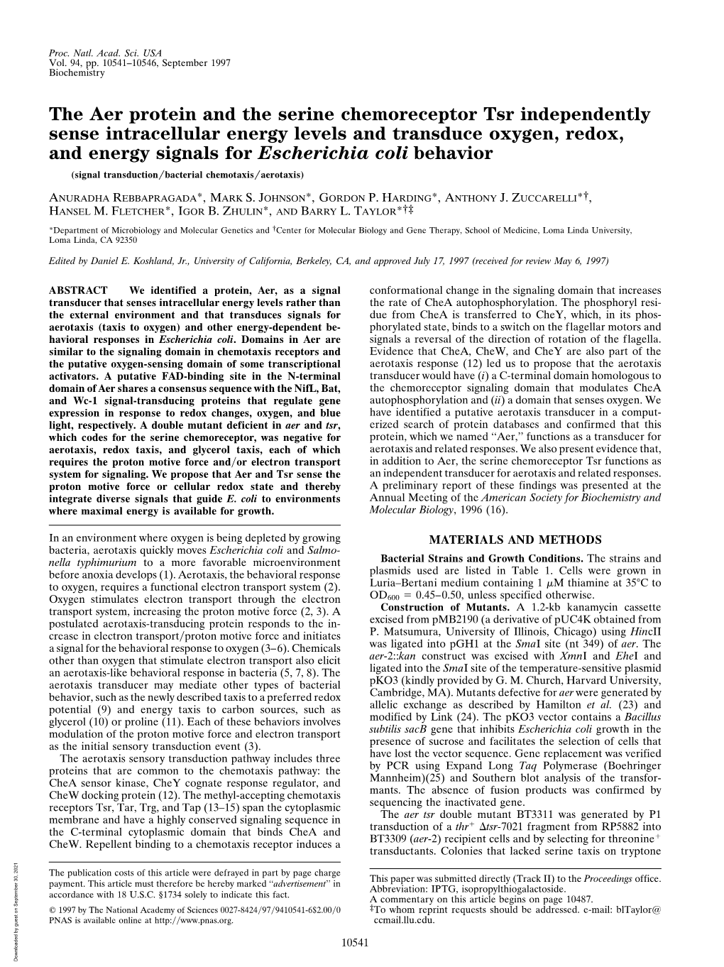 The Aer Protein and the Serine Chemoreceptor Tsr Independently