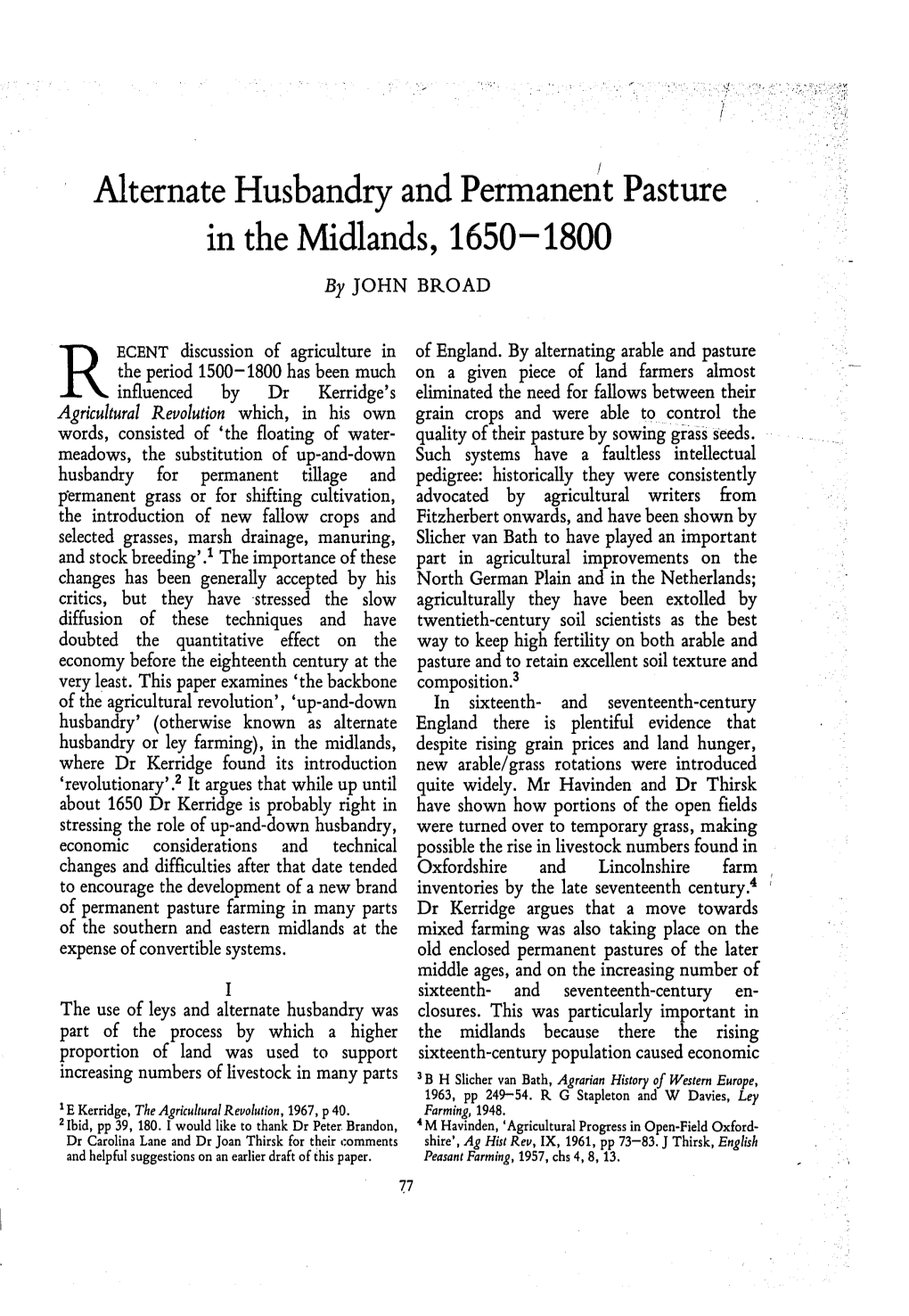 Alternate Husbandry and Permanent Pasture in the Midlands, 1650-1800 by JOHN BROAD