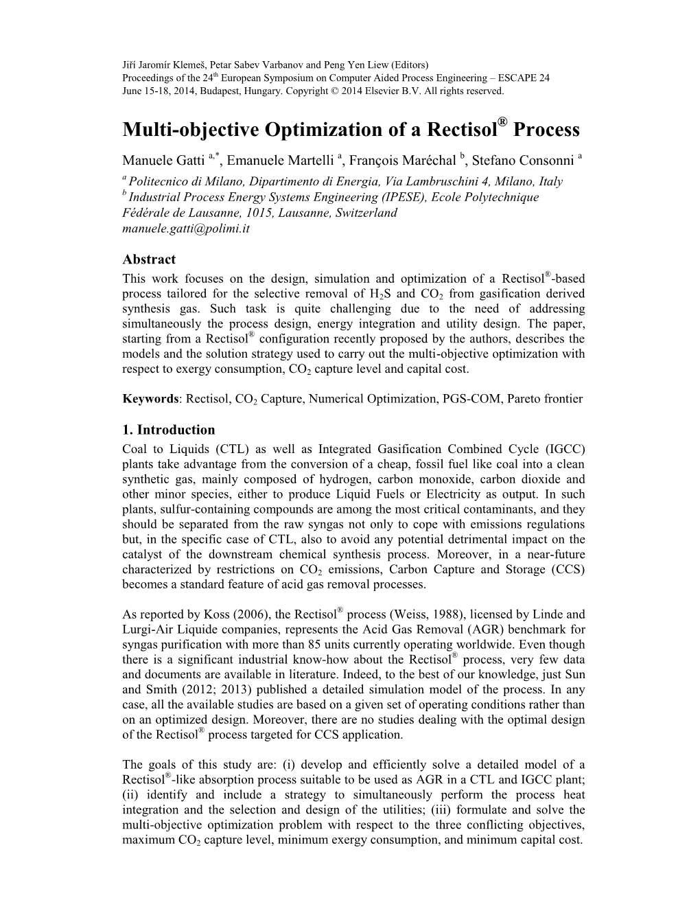 Multi-Objective Optimization of a Rectisol Process