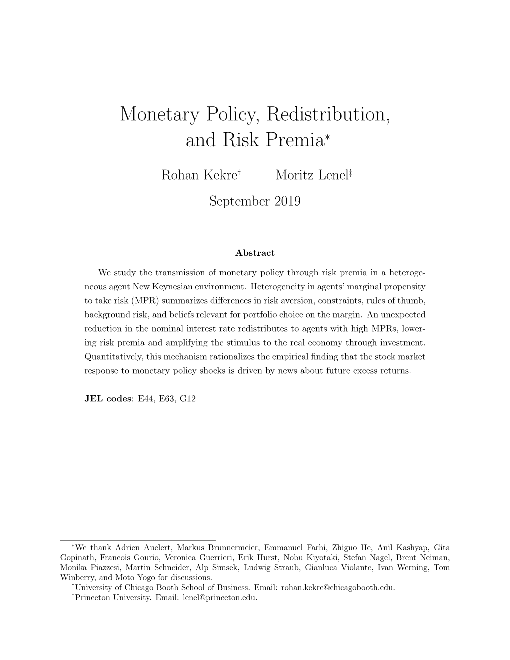 Monetary Policy, Redistribution, and Risk Premia∗