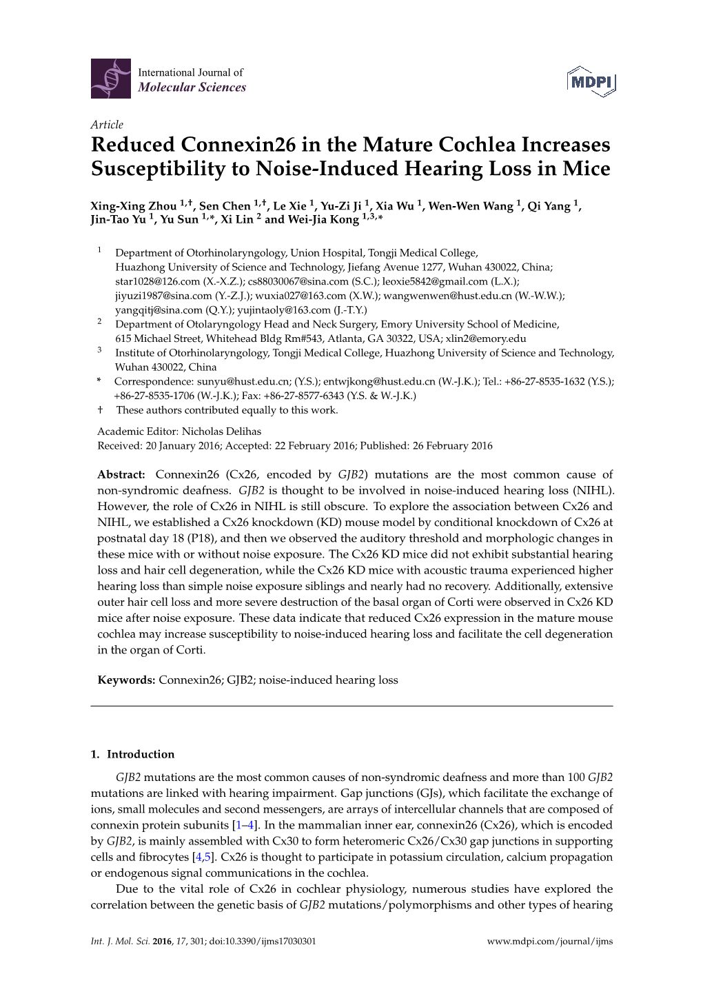Reduced Connexin26 in the Mature Cochlea Increases Susceptibility to Noise-Induced Hearing Loss in Mice