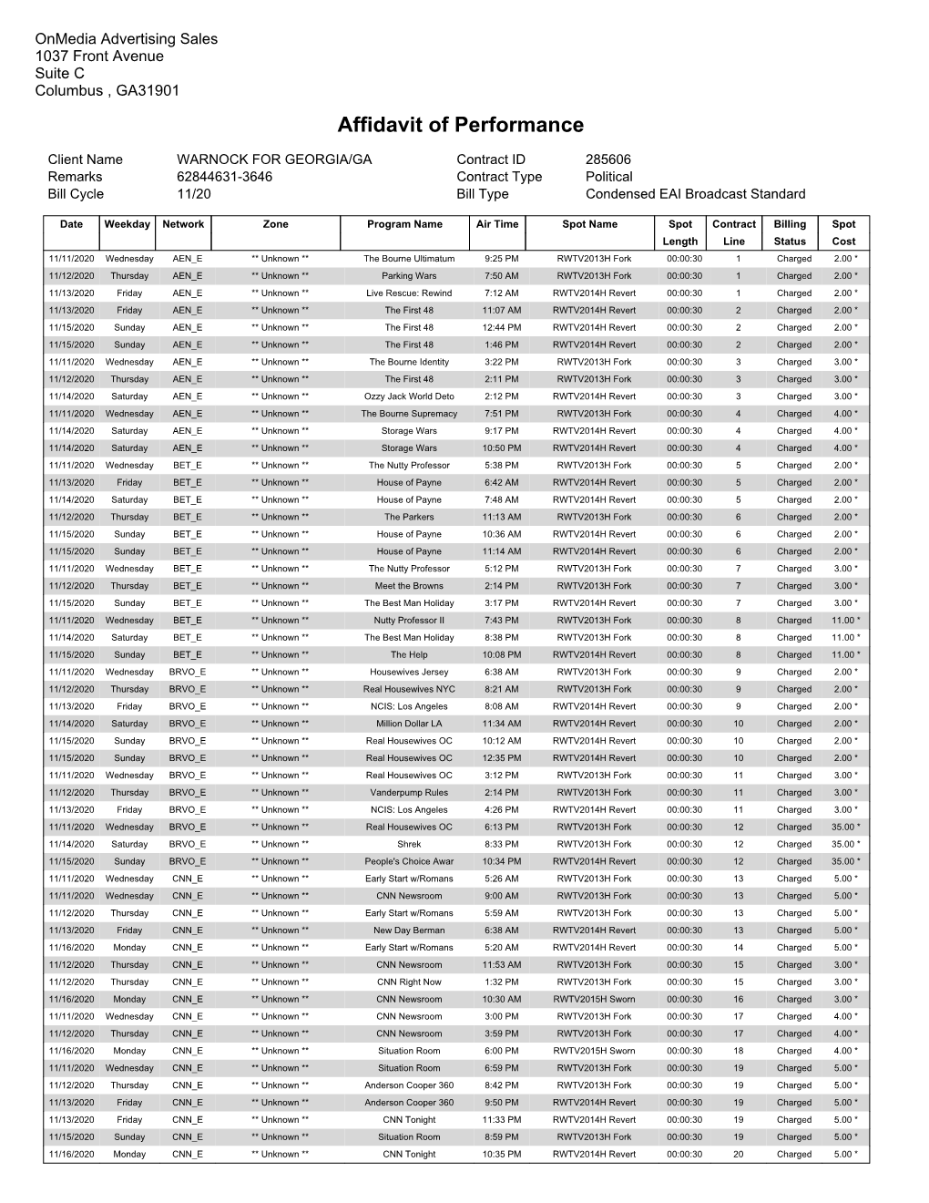 Affidavit of Performance