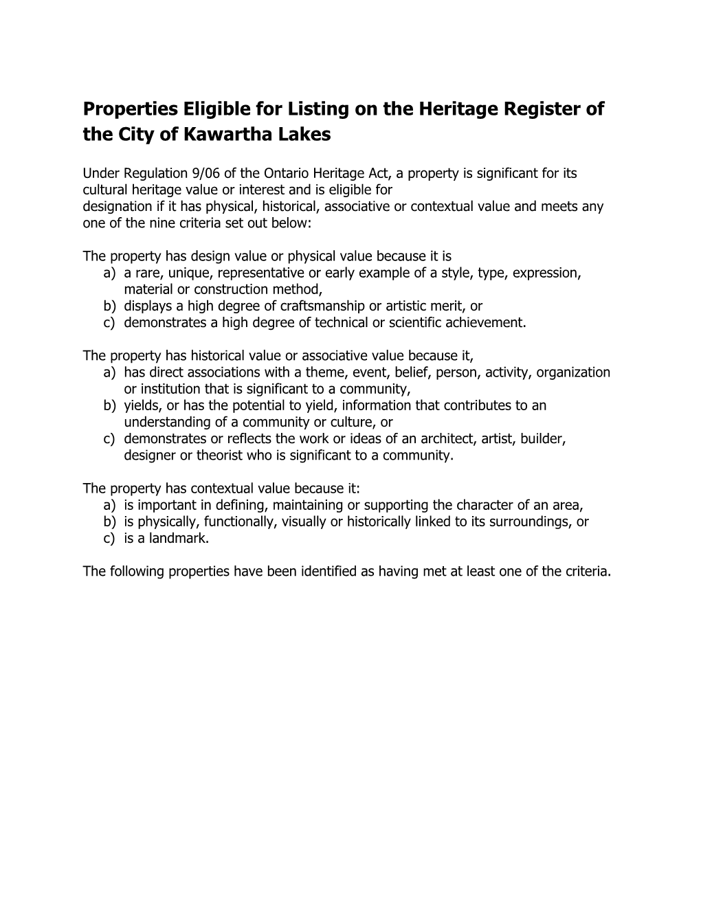 Properties Eligible for Listing on the Heritage Register of the City of Kawartha Lakes