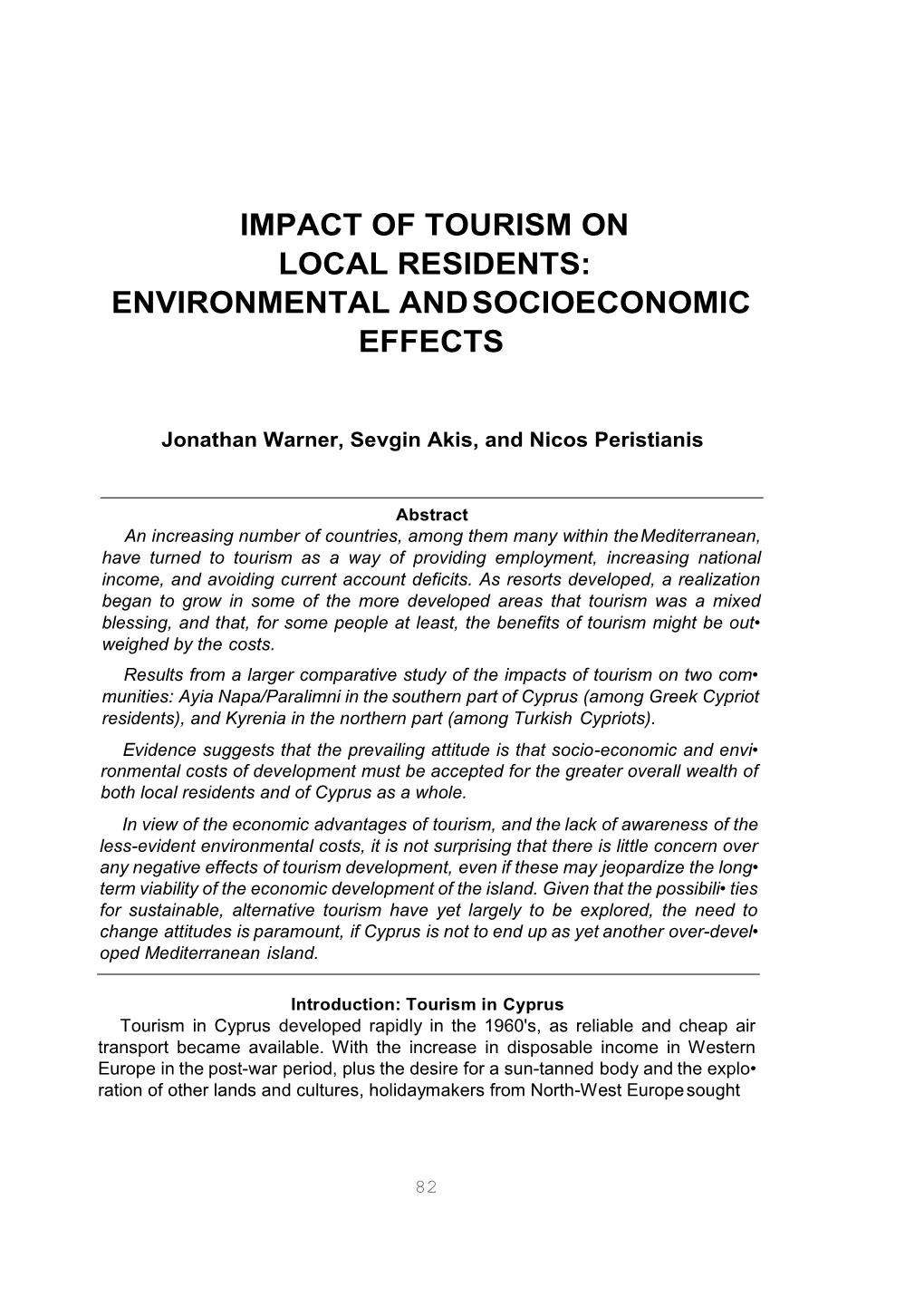 Impact of Tourism on Local Residents: Environmental and Socioeconomic Effects