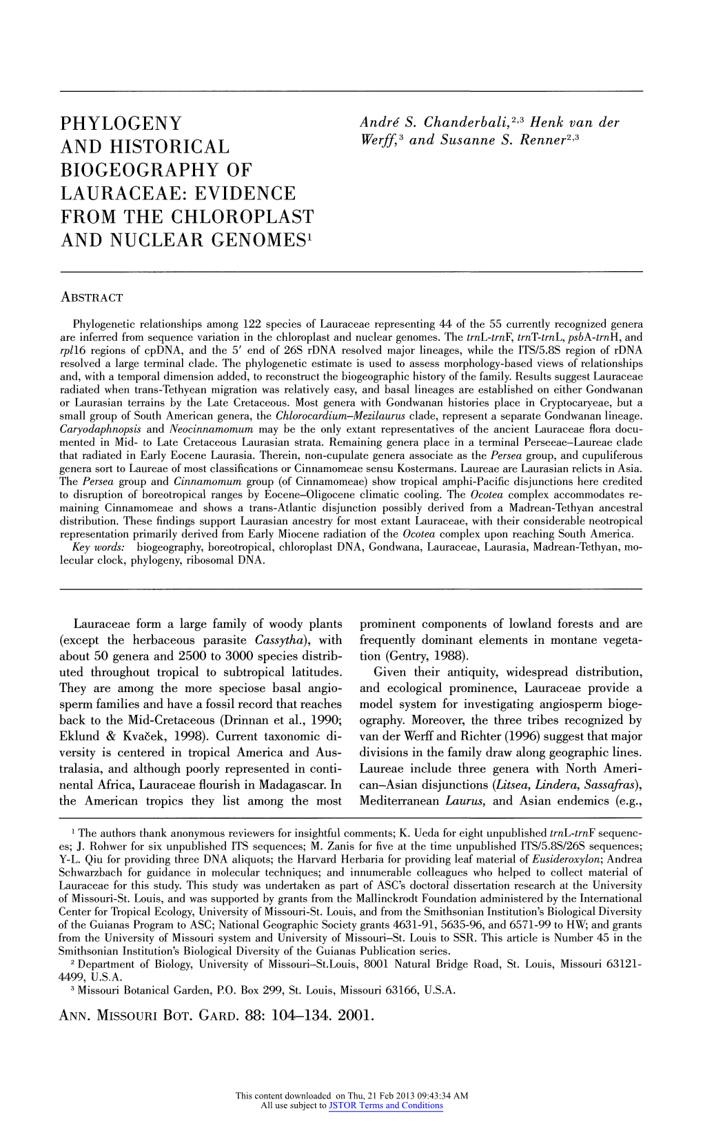 Phylogeny and Historical Biogeography of Lauraceae