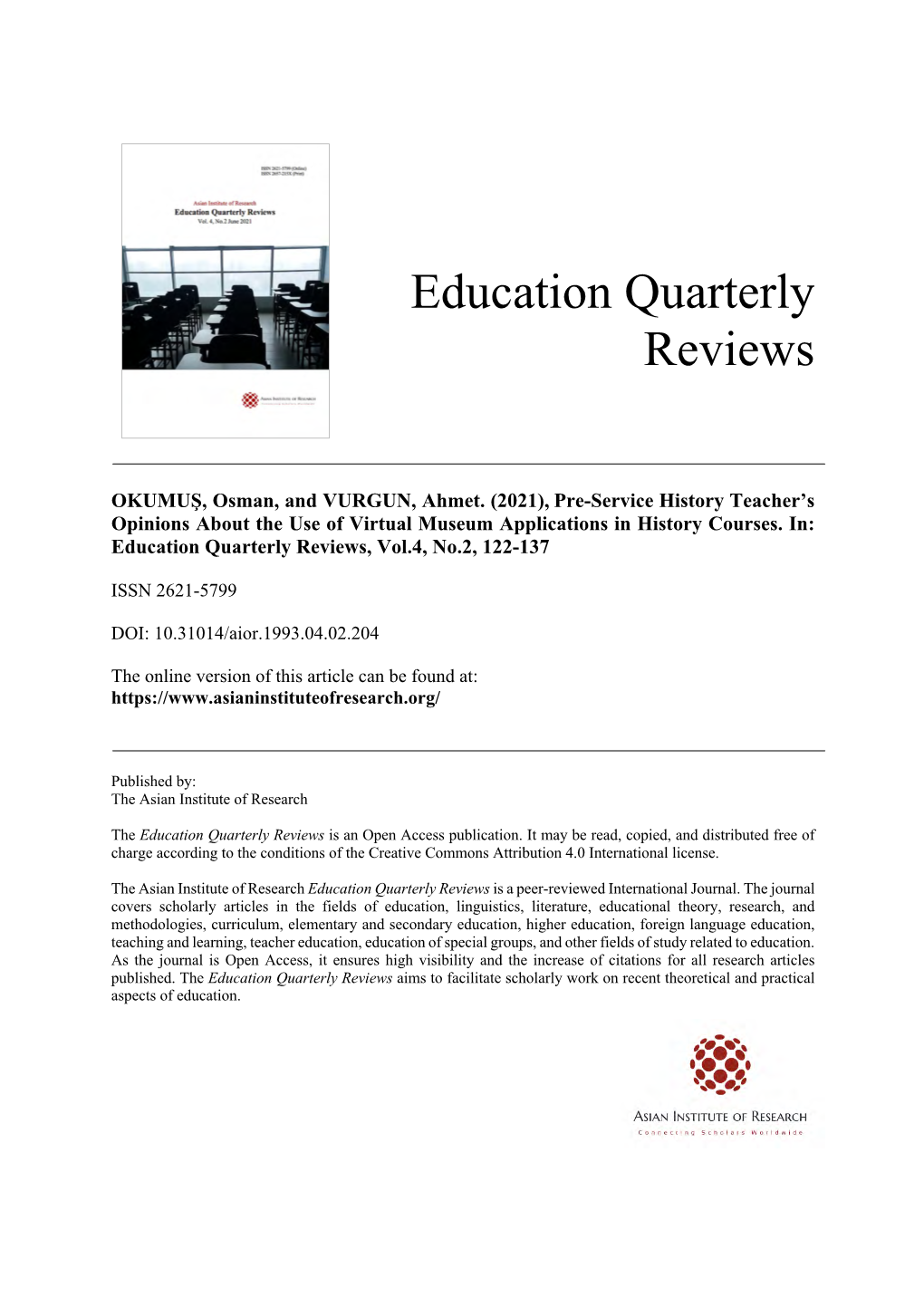 Education Quarterly Reviews