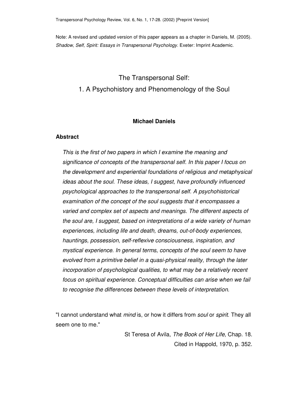 The Transpersonal Self: 1. a Psychohistory and Phenomenology of the Soul