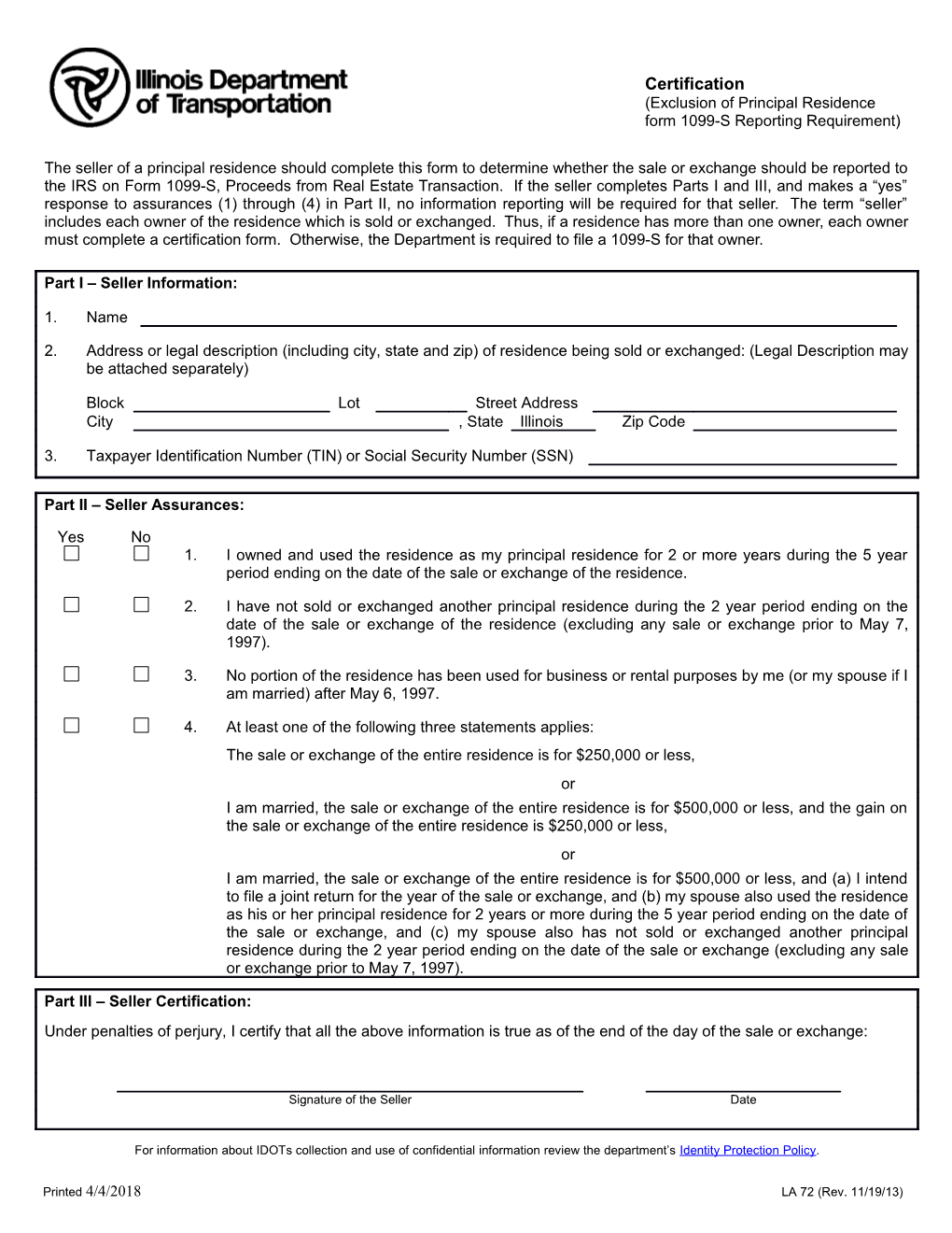 Certification (Exclusion of Principal Residence Form 1099-S Reporting Requirement)