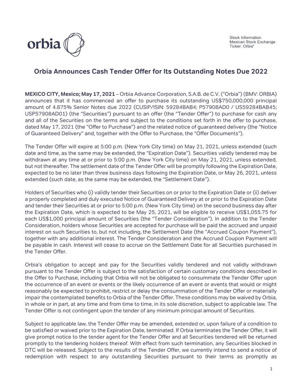 Orbia Announces Cash Tender Offer for Its Outstanding Notes Due 2022