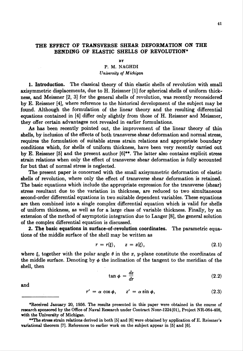 The Effect of Transverse Shear Deformation on the Bending of Elastic Shells of Revolution*