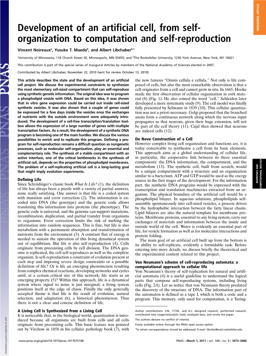 Development of an Artificial Cell, from Self- INAUGURAL ARTICLE Organization to Computation and Self-Reproduction