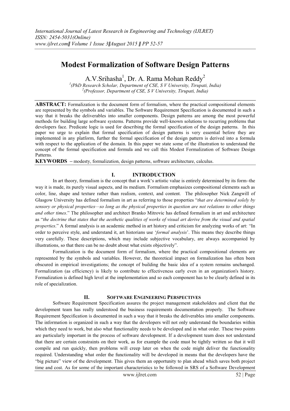 Modest Formalization of Software Design Patterns A.V.Srihasha1, Dr