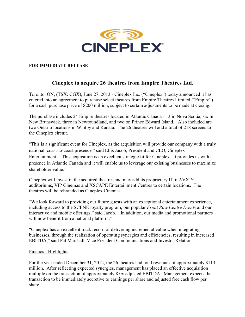 Cineplex to Acquire 26 Theatres from Empire Theatres Ltd