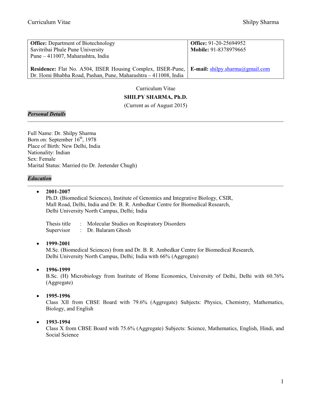 Curriculum Vitae Shilpy Sharma 1