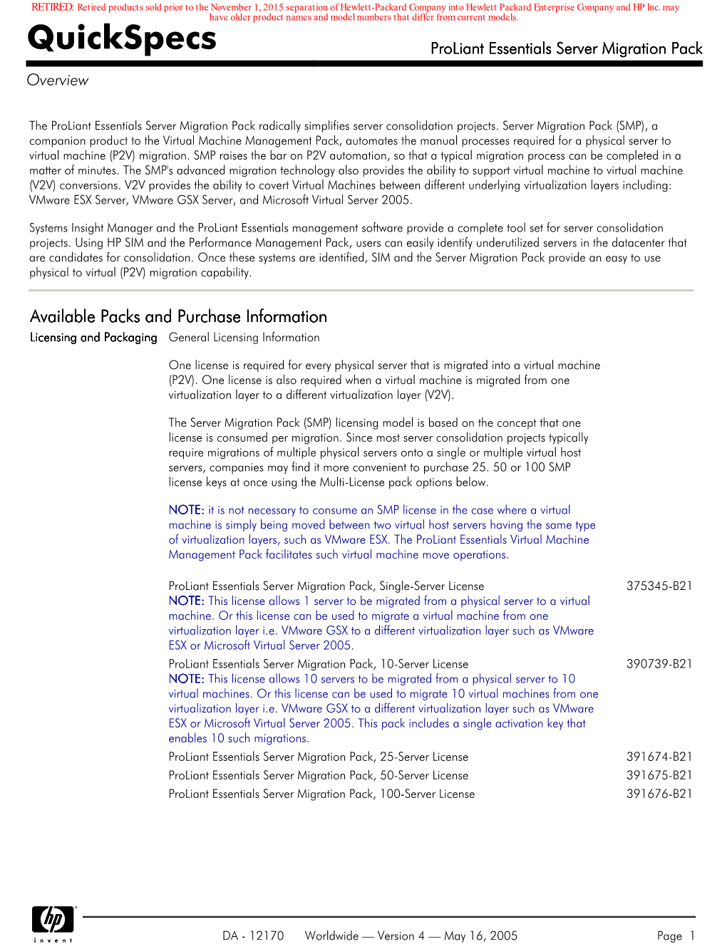 Quickspecs Proliant Essentials Server Migration Pack Overview