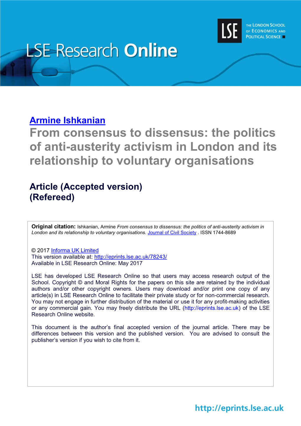 From Consensus to Dissensus: the Politics of Anti-Austerity Activism in London and Its Relationship to Voluntary Organisations