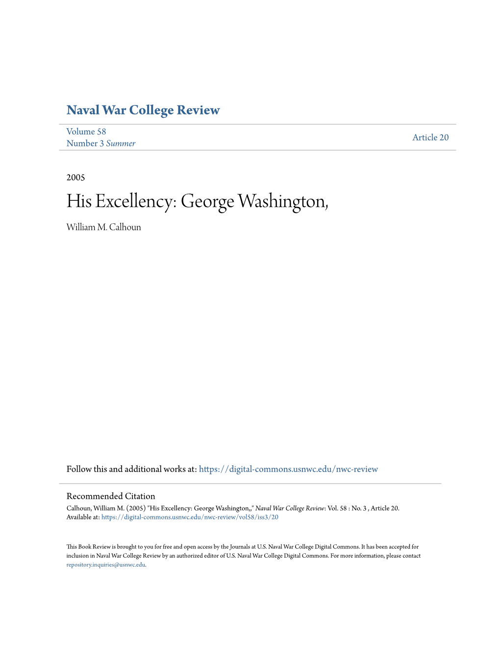 His Excellency: George Washington, William M