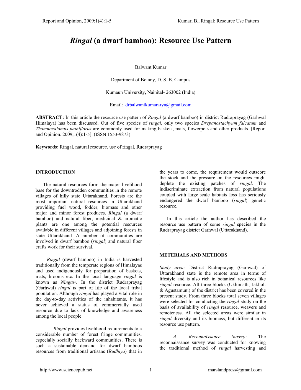 Ringal (A Dwarf Bamboo): Resource Use Pattern