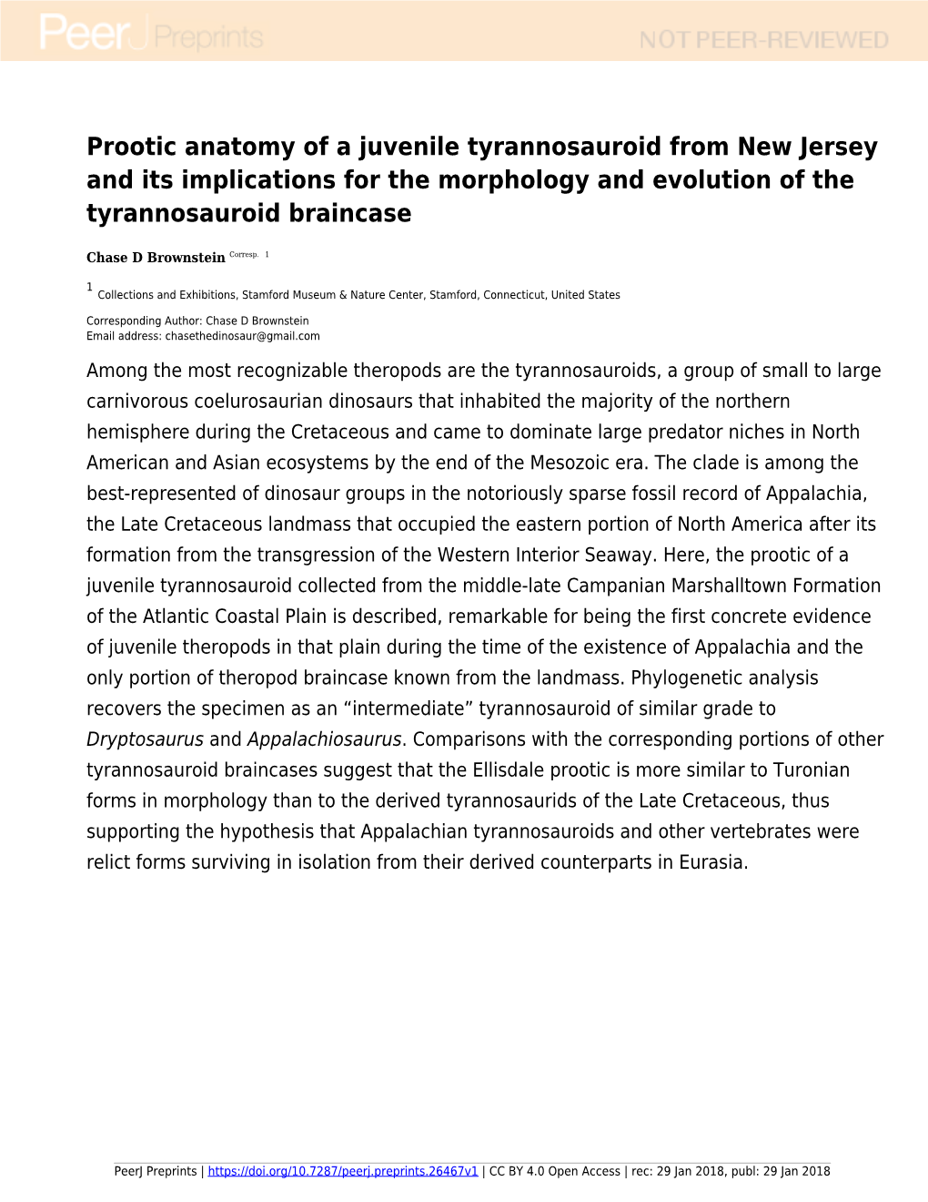 Prootic Anatomy of a Juvenile Tyrannosauroid from New Jersey and Its Implications for the Morphology and Evolution of the Tyrannosauroid Braincase