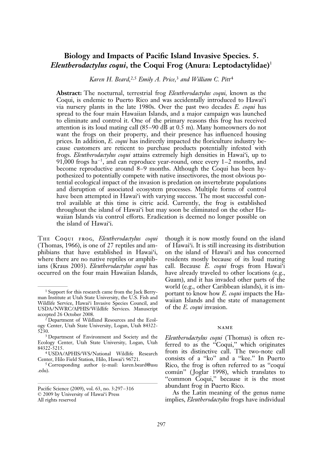 Biology and Impacts of Pacific Island Invasive Species. 5. Eleutherodactylus Coqui, the Coqui Frog