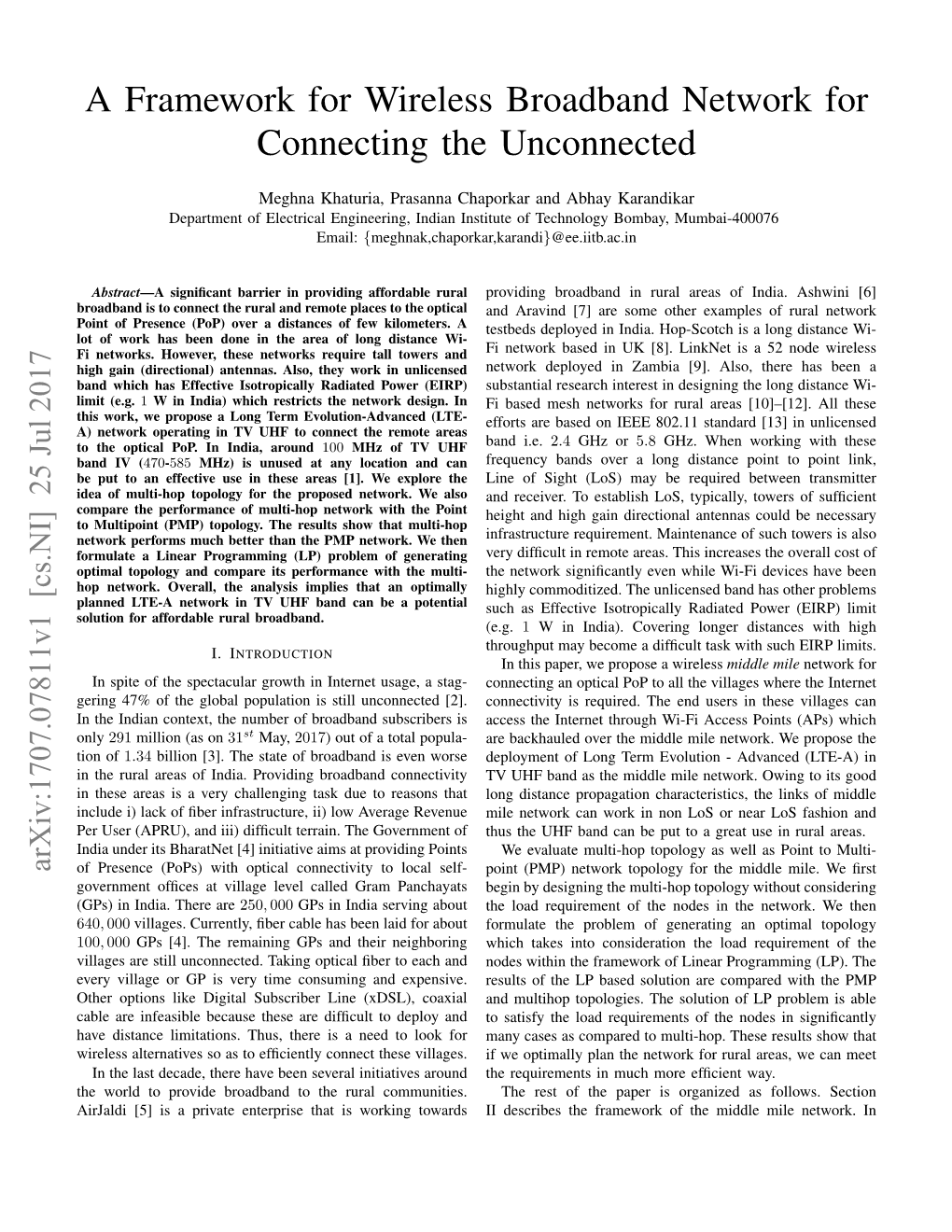 A Framework for Wireless Broadband Network for Connecting the Unconnected