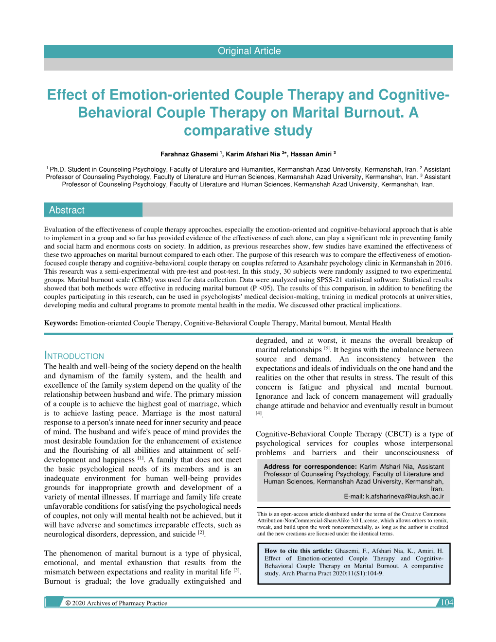 Effect of Emotion-Oriented Couple Therapy and Cognitive- Behavioral Couple Therapy on Marital Burnout