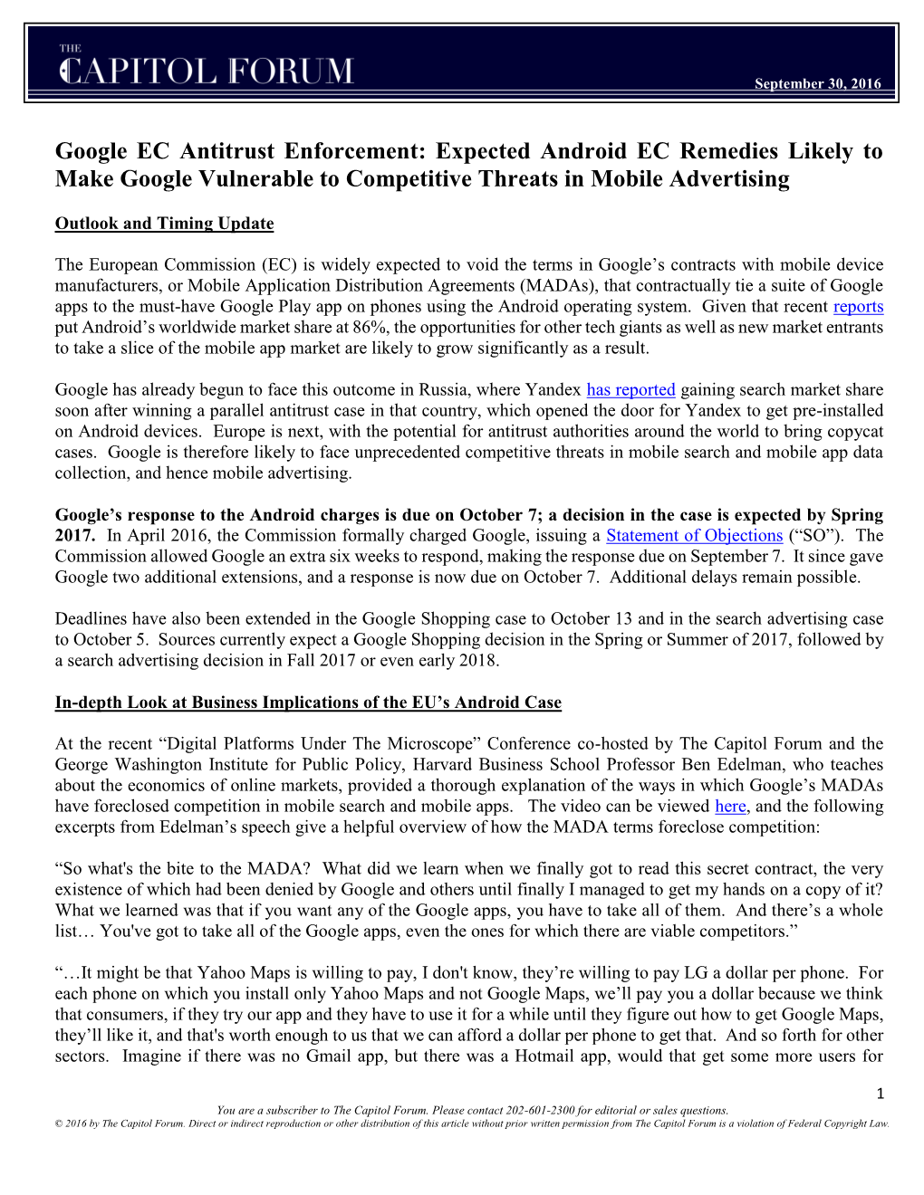 Google EC Antitrust Enforcement: Expected Android EC Remedies Likely to Make Google Vulnerable to Competitive Threats in Mobile Advertising