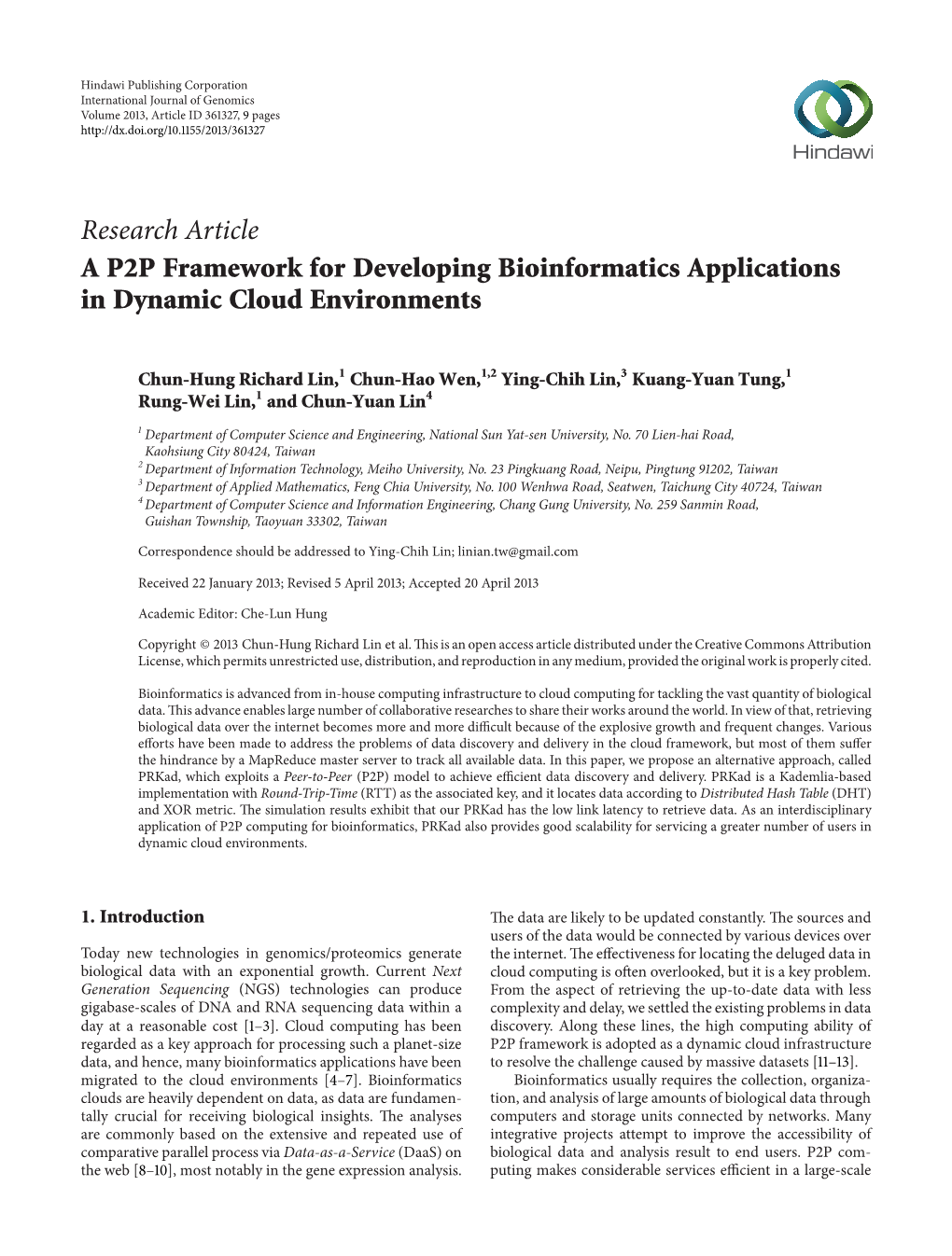 Research Article a P2P Framework for Developing Bioinformatics Applications in Dynamic Cloud Environments