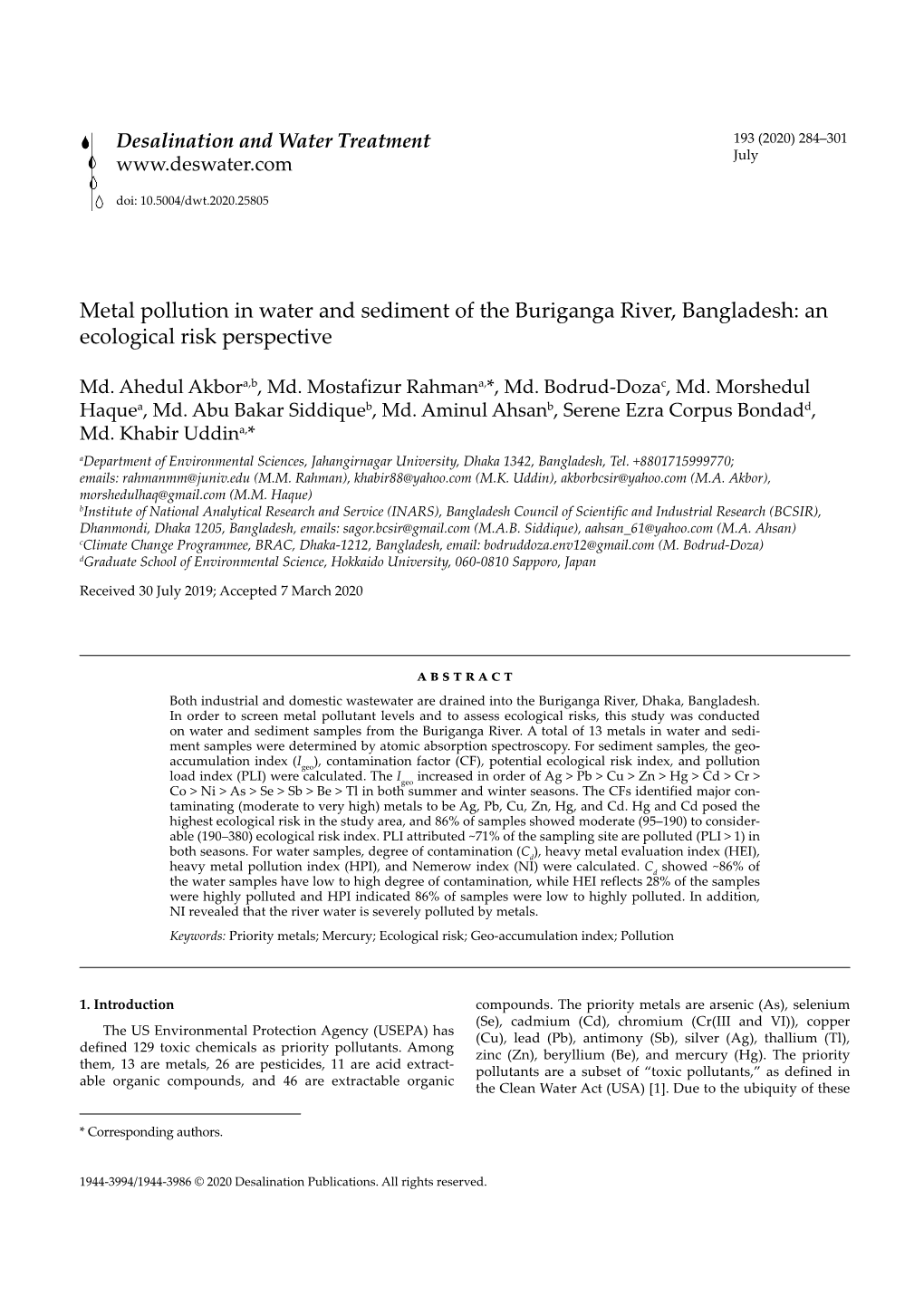 Metal Pollution in Water and Sediment of the Buriganga River, Bangladesh: an Ecological Risk Perspective