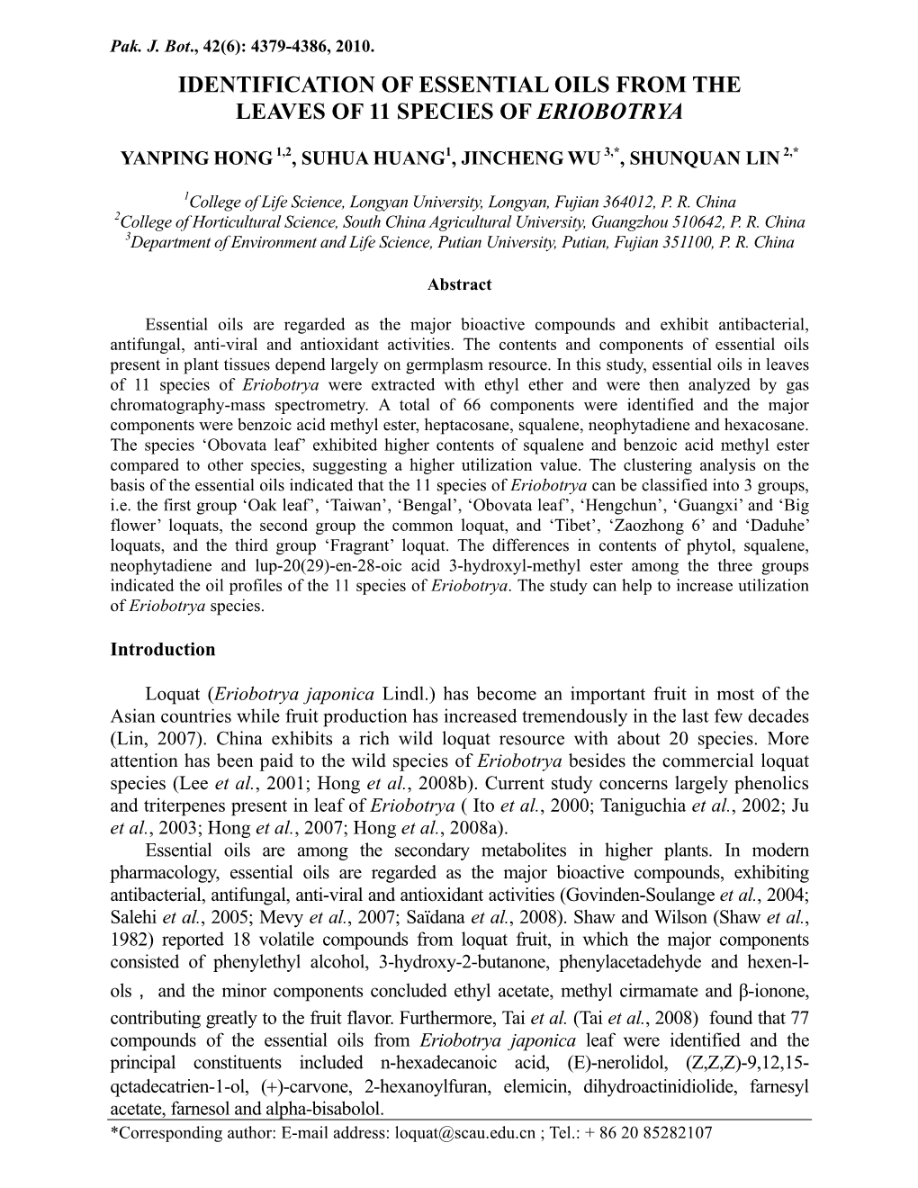 Identification of Essential Oils from the Leaves of 11 Species of Eriobotrya