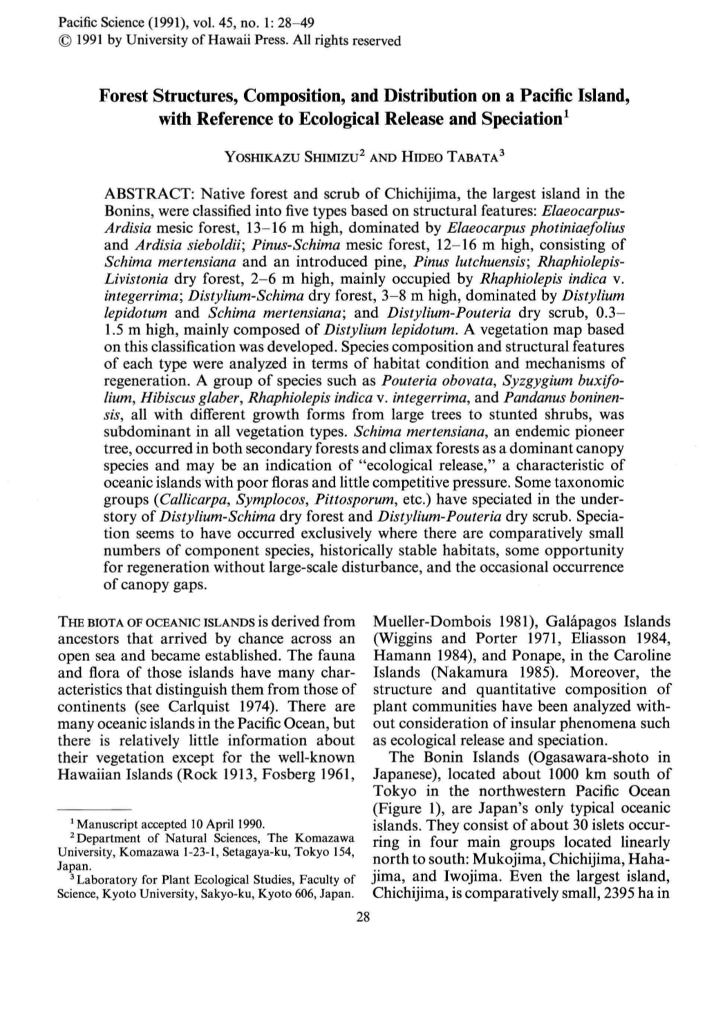 Forest Structures, Composition, and Distribution on a Pacific Island, with Reference to Ecological Release and Speciation!