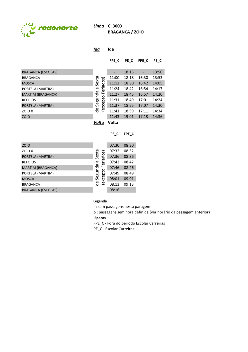 Linha C 3003 BRAGANÇA / ZOIO Ida Ida Volta Volta De Segunda a Sexta