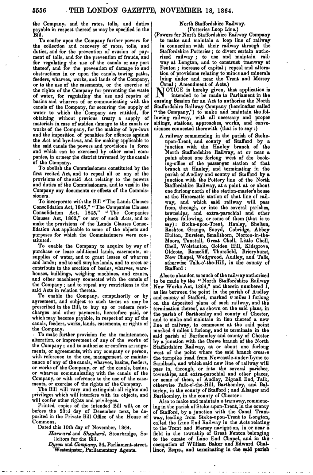 5556 the LONDON GAZETTE, NOVEMBEK 18, 1864. the Company, and the Rates, Tolls, and Duties North Staffordshire Railway