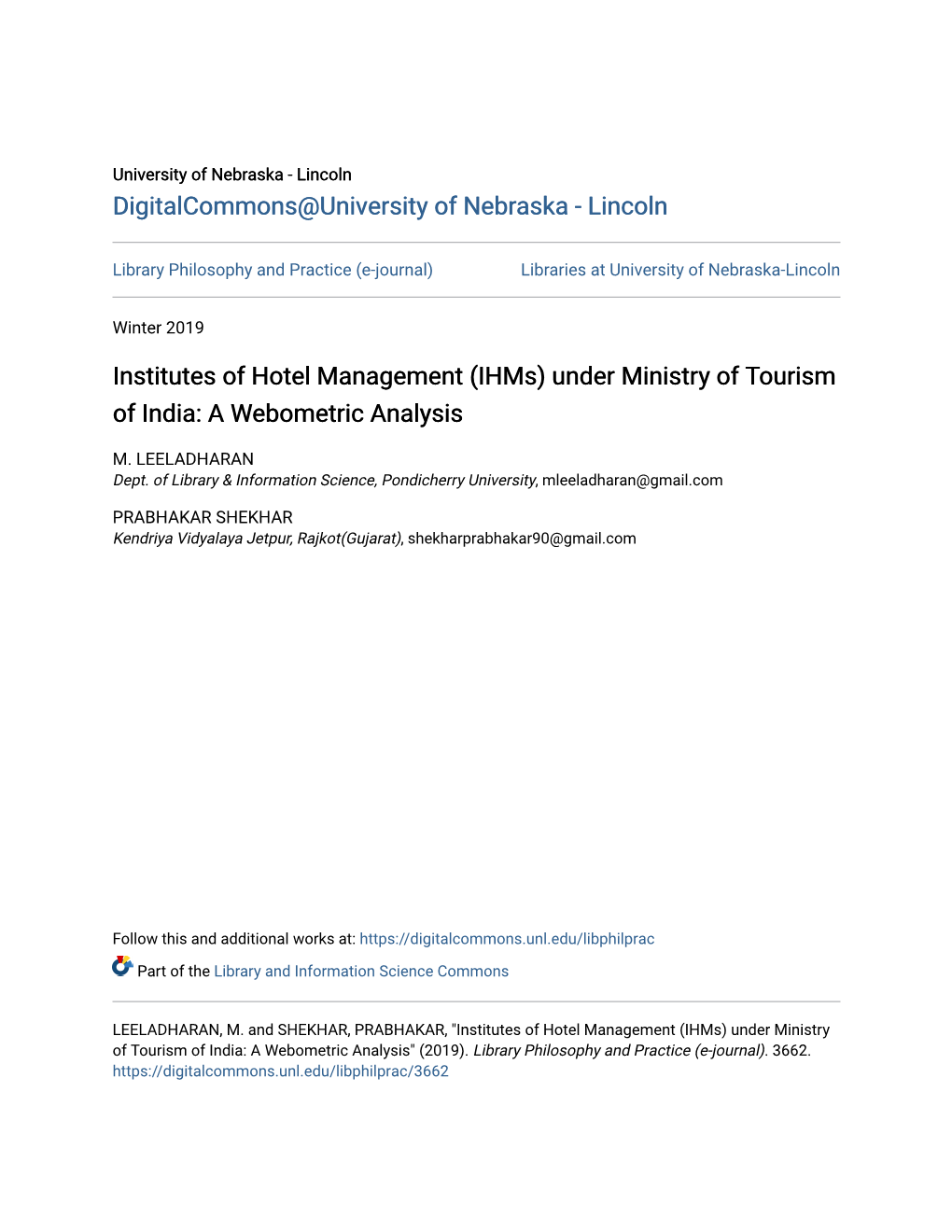 Institutes of Hotel Management (Ihms) Under Ministry of Tourism of India: a Webometric Analysis