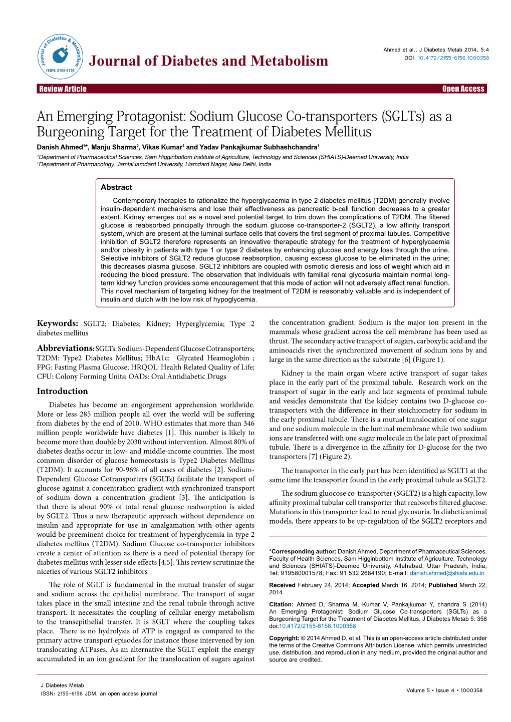 An Emerging Protagonist: Sodium Glucose Co-Transporters (Sglts)