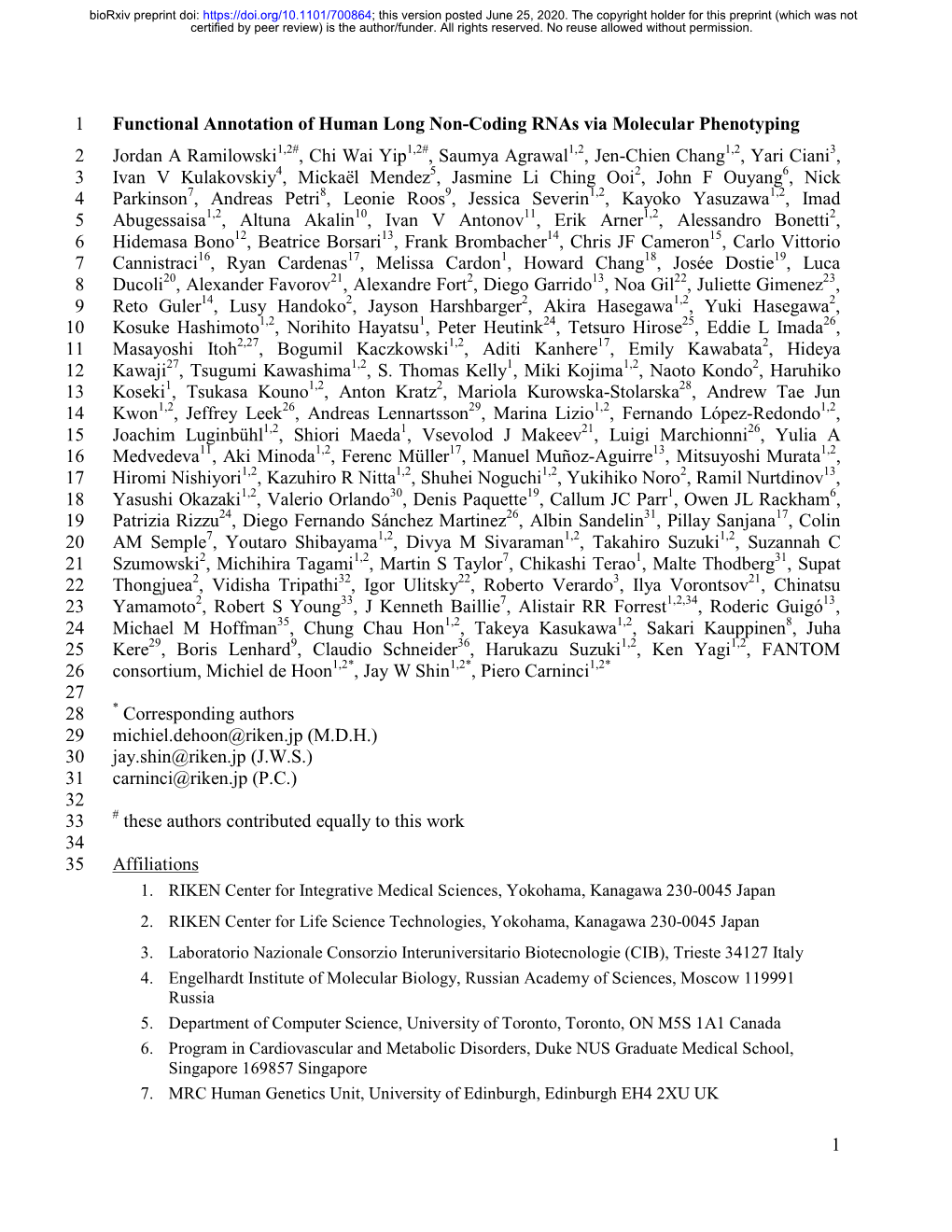 1 Functional Annotation of Human Long Non-Coding Rnas Via Molecular Phenotyping 1 Jordan a Ramilowski , Chi Wai Yip , Saumya