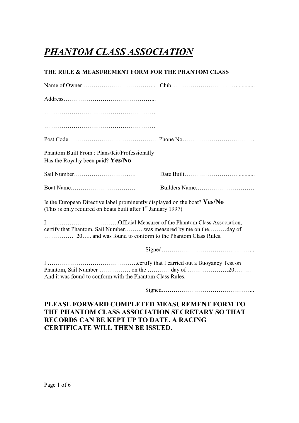 Full Boat Measurement Form