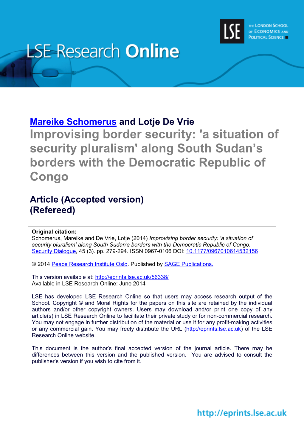 Improvising Border Security: 'A Situation of Security Pluralism' Along South Sudan’S Borders with the Democratic Republic of Congo