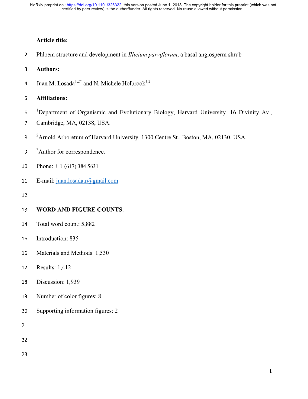 Phloem Structure and Development in Illicium Parviflorum, a Basal Angiosperm Shrub Authors