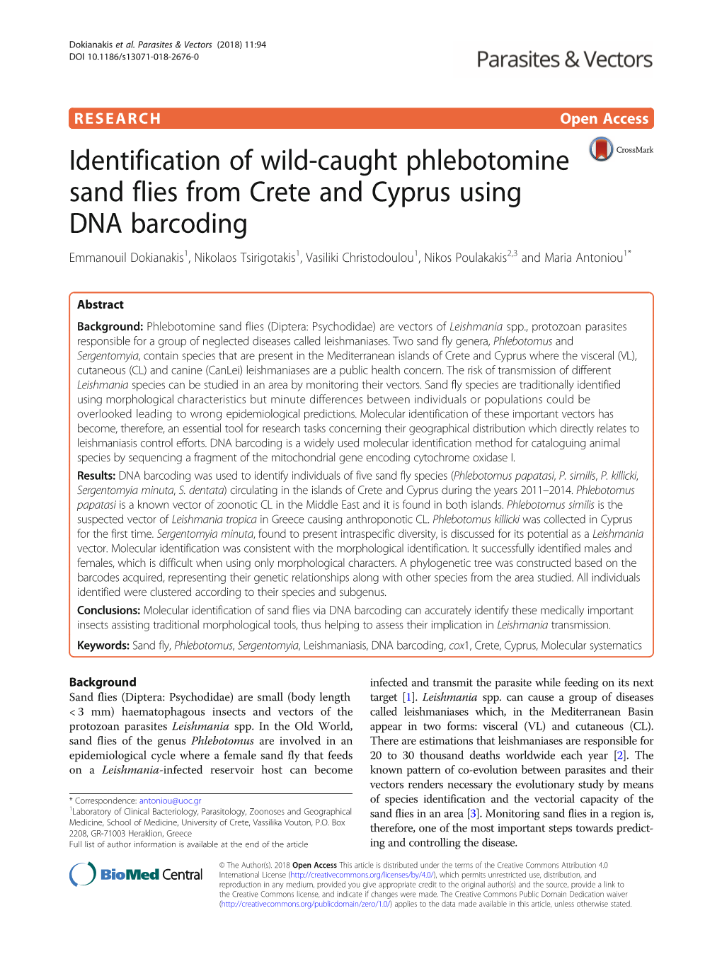 Identification of Wild-Caught Phlebotomine Sand Flies from Crete